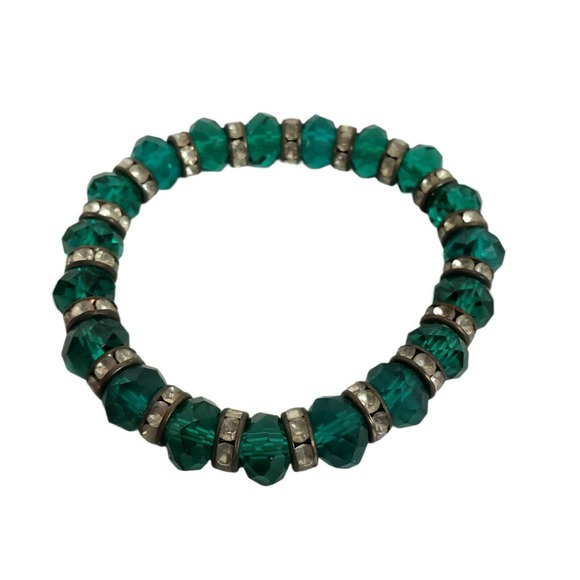 Womens Bracelet Ring 2 Piece Set Stretch Green Faceted Glass Rhinestone Vintage - Picture 8 of 9
